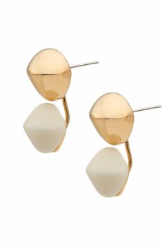 Two golden earrings floating on a white background. The earrings have posts and have a bone accent beneath the gold accent at the top.