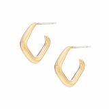 Two rounded-rectangular opened c-shaped gold earrings with straight posts floating on a white background.