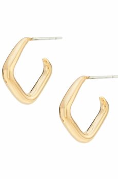 Two rounded-rectangular opened c-shaped gold earrings with straight posts floating on a white background.