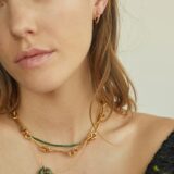 A portrait of a person wearing a gold earring in their right ear as well as three different necklaces.