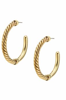 Two c-shaped rounded hoop earrings in gold with straight posts.