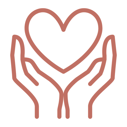 Beige-pink wireframe depiction of two hands meeting together at the wrists, a heart shape floating above them.