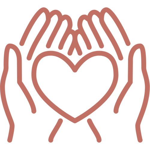 Beige-pink wireframe image of two hands, palm up, holding a heart shape.
