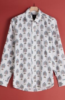 A white button up shirt with a graphic pattern