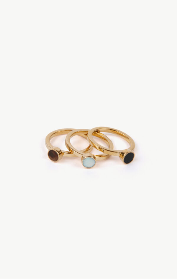 Multicolor stacking rings. A set of three rings. Made of 24K gold-plated recycled brass