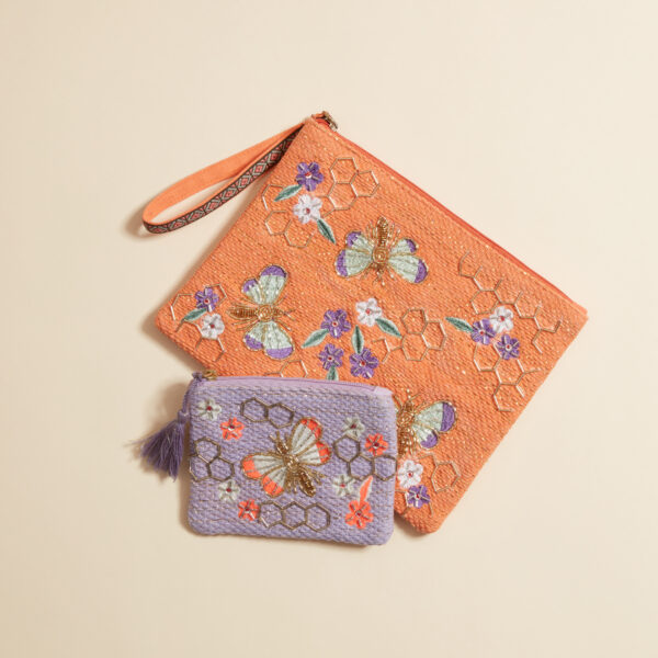beaded pouches in orange and purple