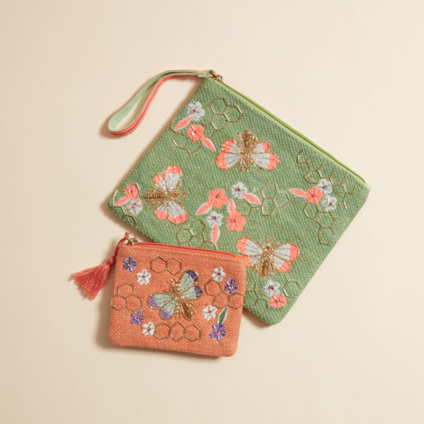 beaded pouches in orange and green