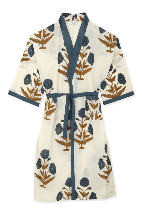 robe with blue and gold floral print