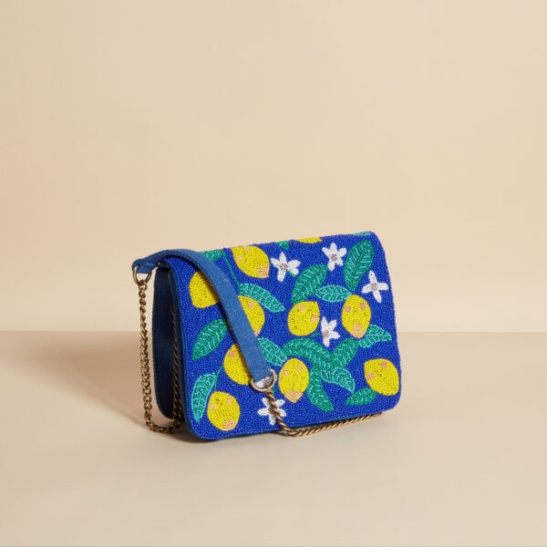 beaded shoulder bag in blue and yellow
