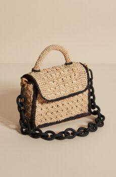 Natural raffia bag with chain strap in black